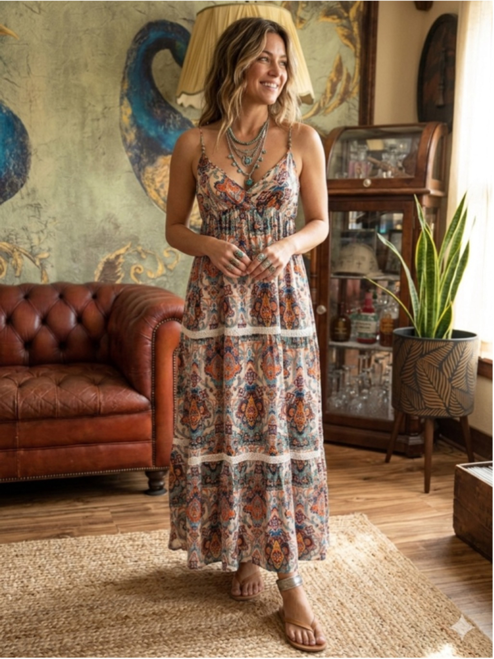 S-TWELVE 70’s Bohemian Paisley Maxi Dress Multi-Color Tiered Lace Beaded Strap